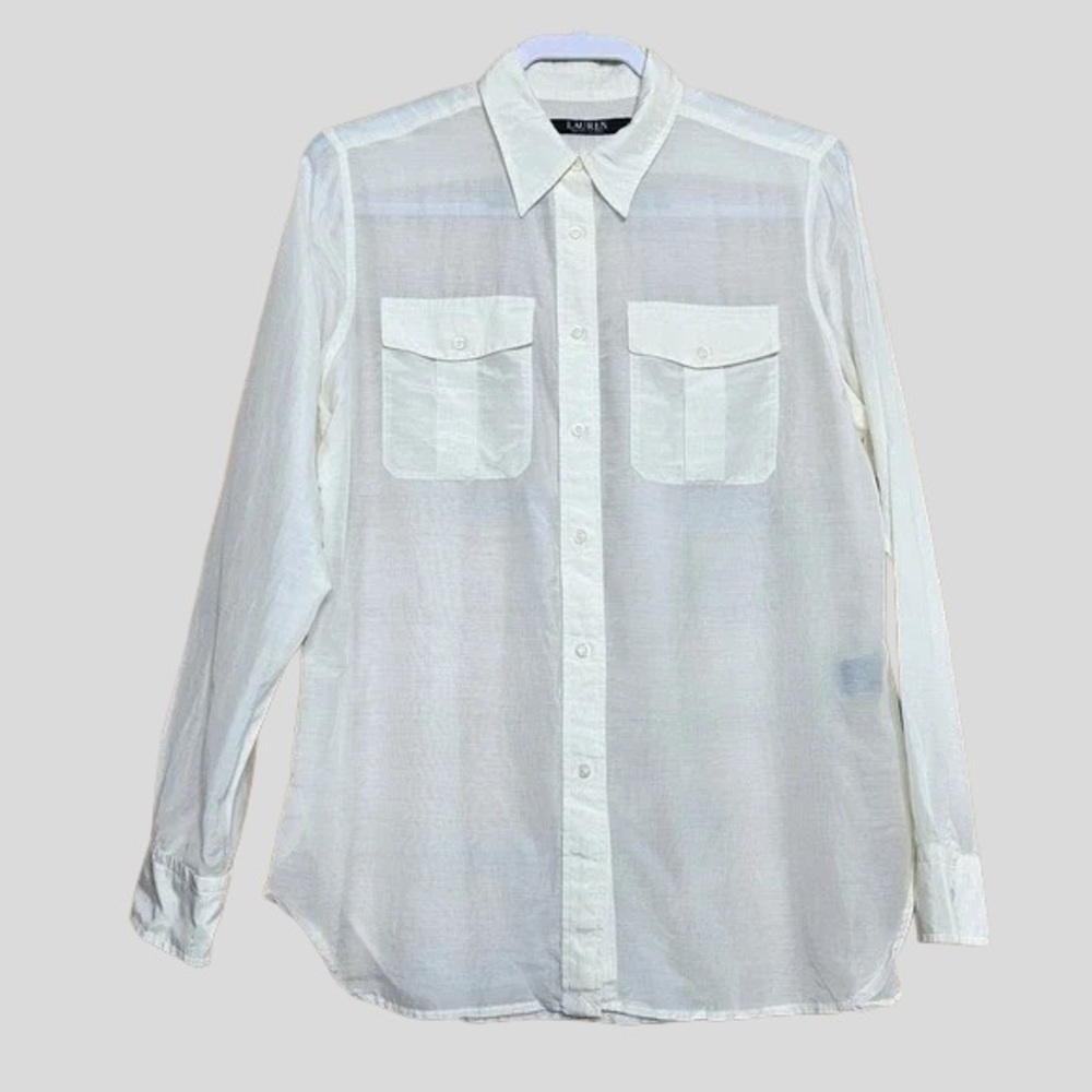 Lauren Ralph Lauren Sheer Silk‑Blend White Button‑Down Shirt — Size M